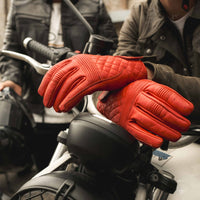 Cafe Quilted Leather Motorcycle Gloves - Red